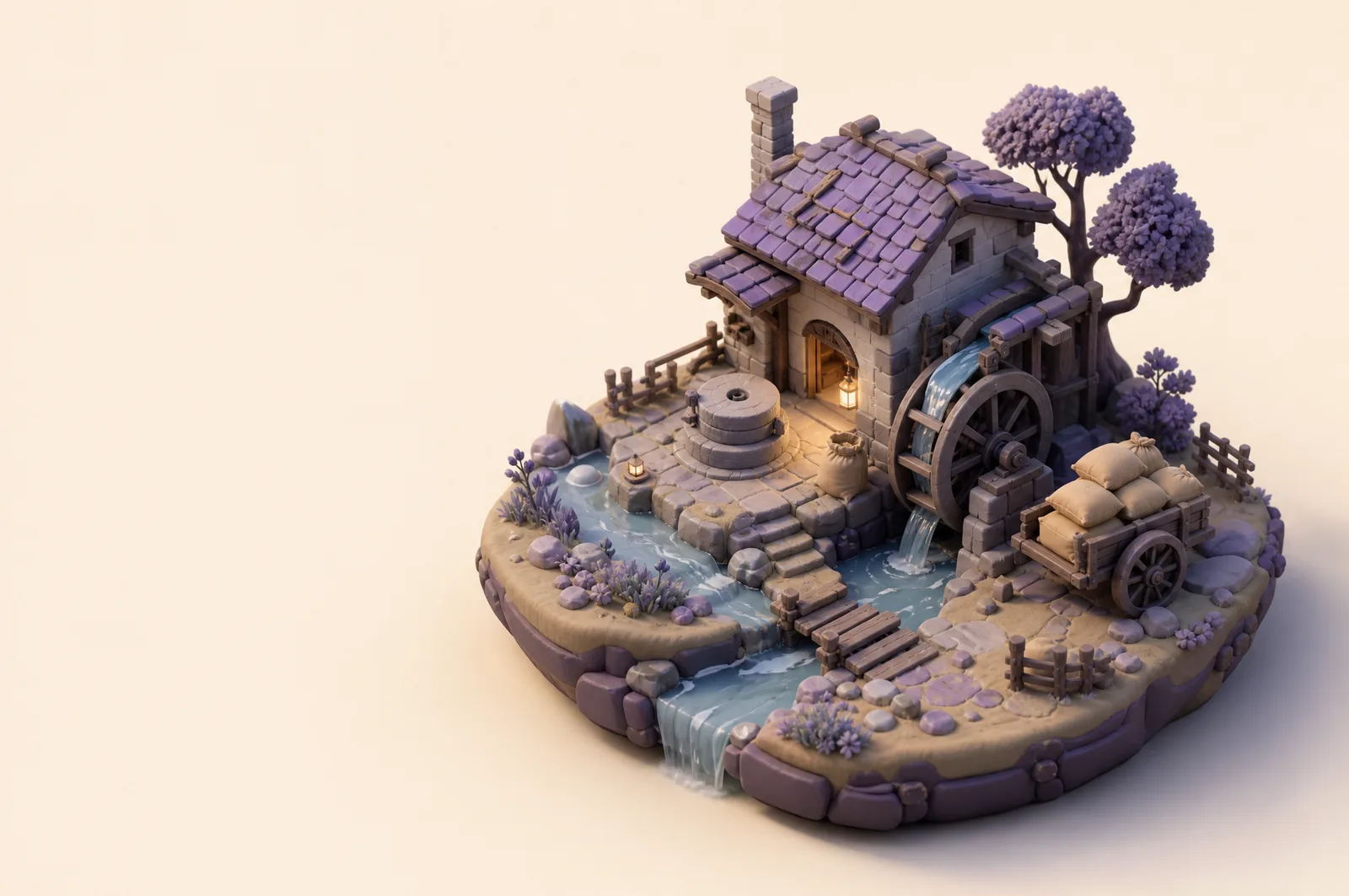 A clay diorama of a small stone mill beside a stream, with sacks of grain on a cart