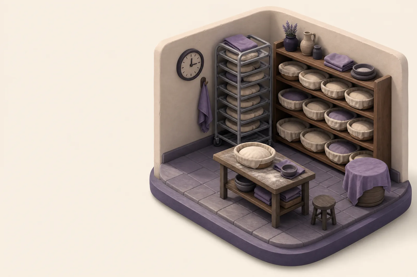 A clay diorama of a proofing room with shelves of dough baskets under linen cloths