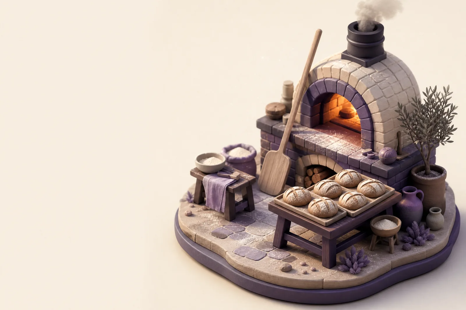 A clay diorama of a brick deck oven with trays of scored sourdough loaves
