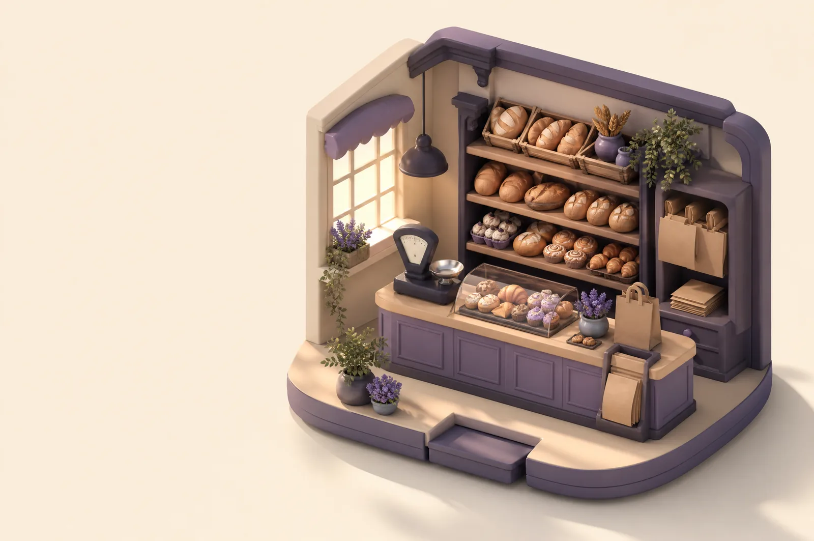A clay diorama of a bakery counter with shelves of bread and pastries behind it