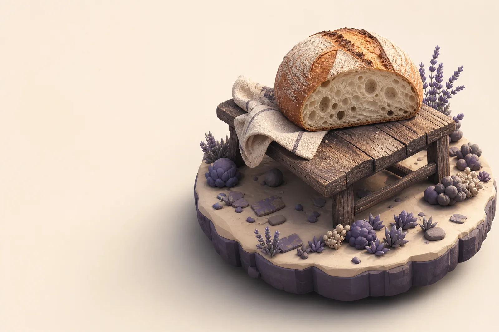 A clay diorama of a large sourdough loaf cut open to show its open crumb